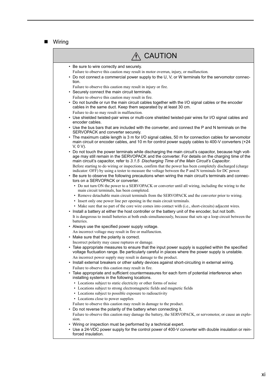 Caution, Xi wiring | Yaskawa Sigma-5 Large Capacity Users Manual: Design and Maintenance-Rotary Motors-Mechatrolink-III Communication Reference User Manual | Page 11 / 410