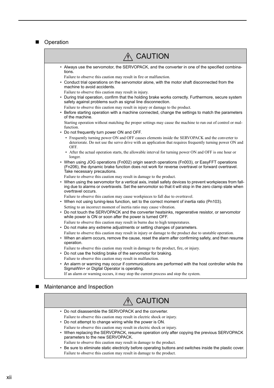 Caution, Xii operation maintenance and inspection | Yaskawa Sigma-5 Large Capacity Users Manual: Design and Maintenance-Rotary Motors-Mechatrolink-III Communication Reference User Manual | Page 12 / 410