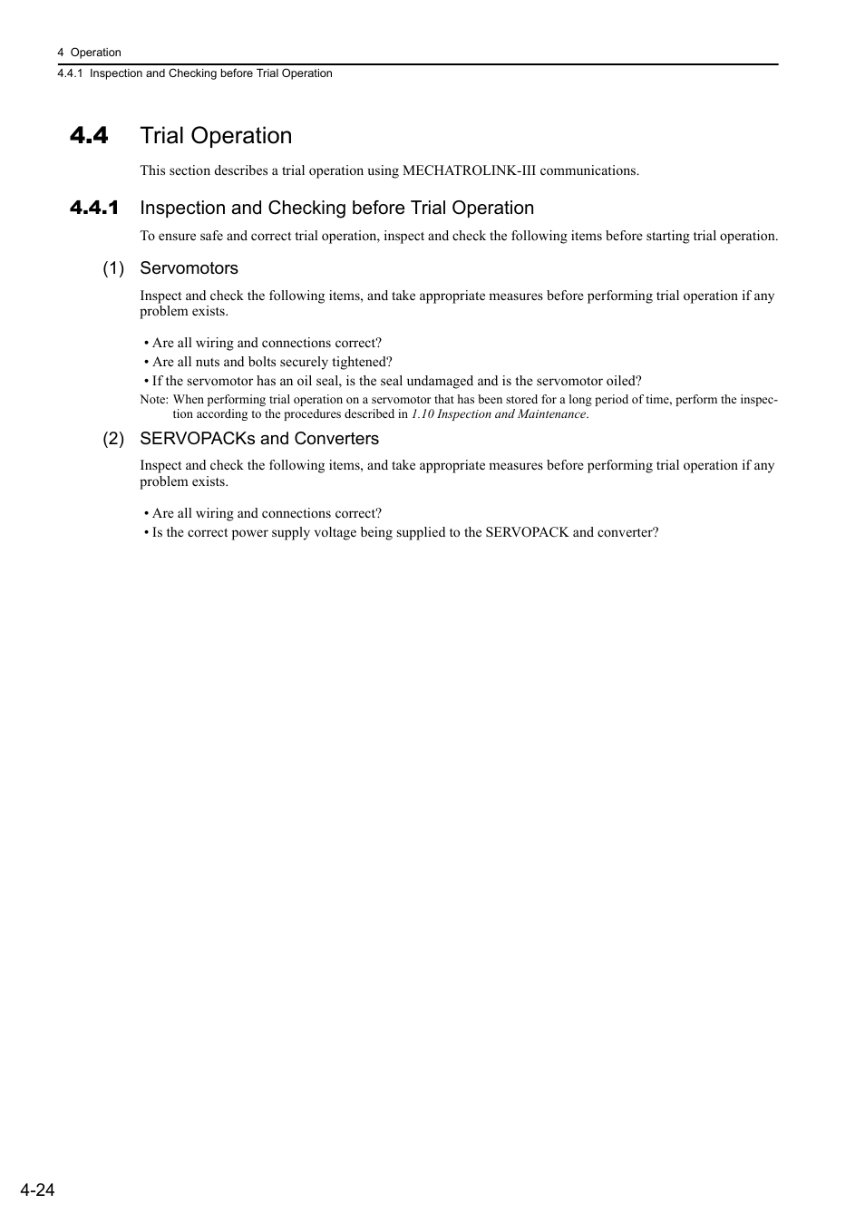 4 trial operation, 1 inspection and checking before trial operation | Yaskawa Sigma-5 Large Capacity Users Manual: Design and Maintenance-Rotary Motors-Mechatrolink-III Communication Reference User Manual | Page 120 / 410