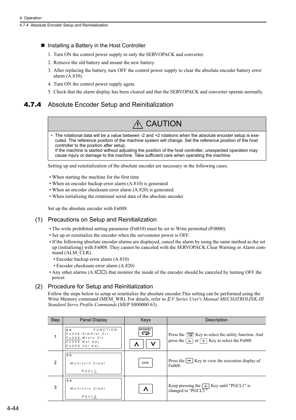 4 absolute encoder setup and reinitialization, Caution, 1) precautions on setup and reinitialization | 2) procedure for setup and reinitialization | Yaskawa Sigma-5 Large Capacity Users Manual: Design and Maintenance-Rotary Motors-Mechatrolink-III Communication Reference User Manual | Page 140 / 410