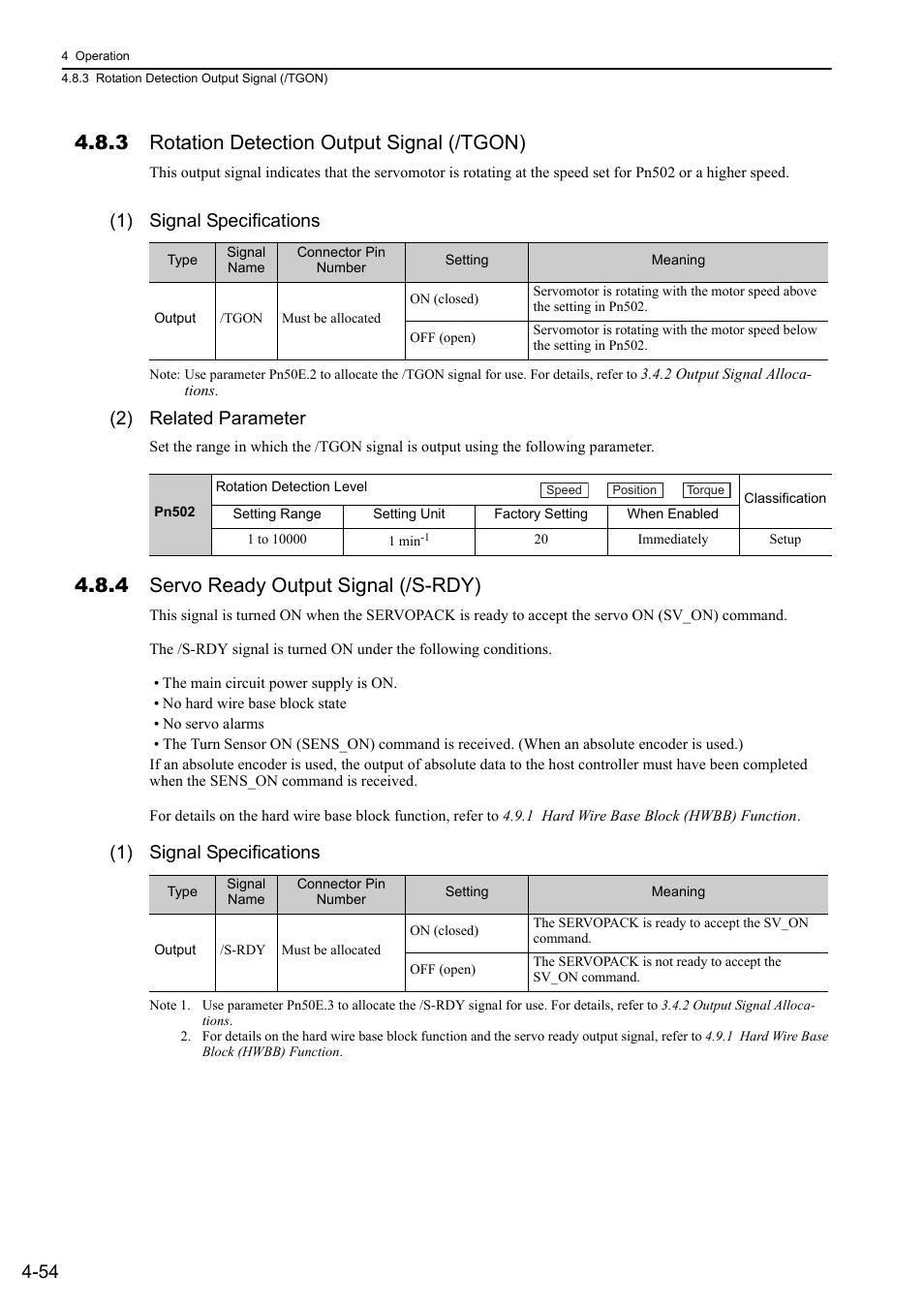 3 rotation detection output signal (/tgon), 4 servo ready output signal (/s-rdy), 1) signal specifications | 2) related parameter | Yaskawa Sigma-5 Large Capacity Users Manual: Design and Maintenance-Rotary Motors-Mechatrolink-III Communication Reference User Manual | Page 150 / 410