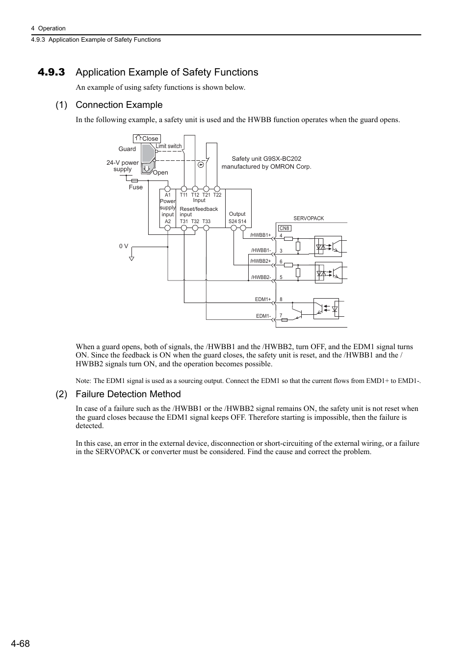3 application example of safety functions, 1) connection example, 2) failure detection method | Yaskawa Sigma-5 Large Capacity Users Manual: Design and Maintenance-Rotary Motors-Mechatrolink-III Communication Reference User Manual | Page 164 / 410