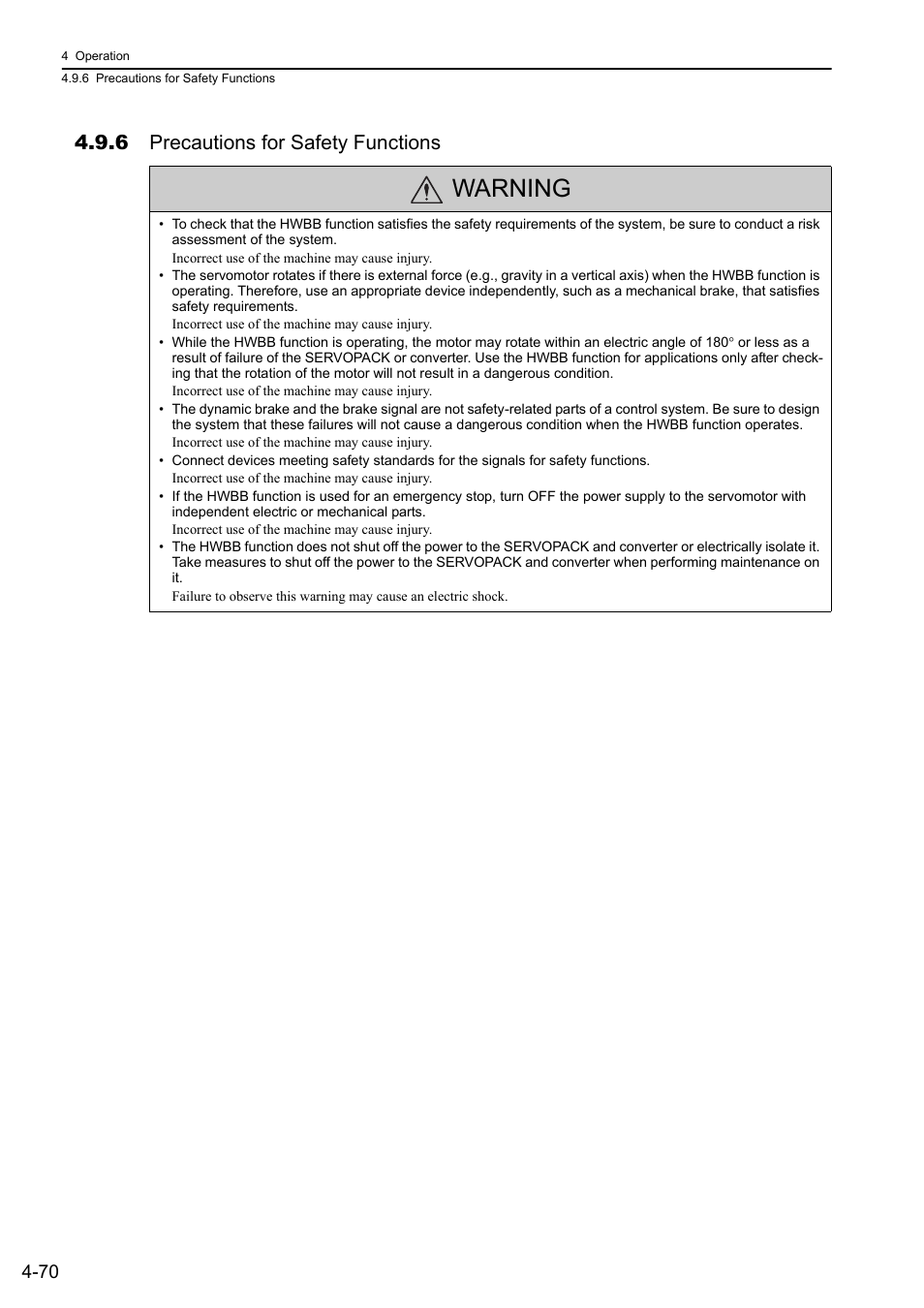 6 precautions for safety functions, Warning | Yaskawa Sigma-5 Large Capacity Users Manual: Design and Maintenance-Rotary Motors-Mechatrolink-III Communication Reference User Manual | Page 166 / 410