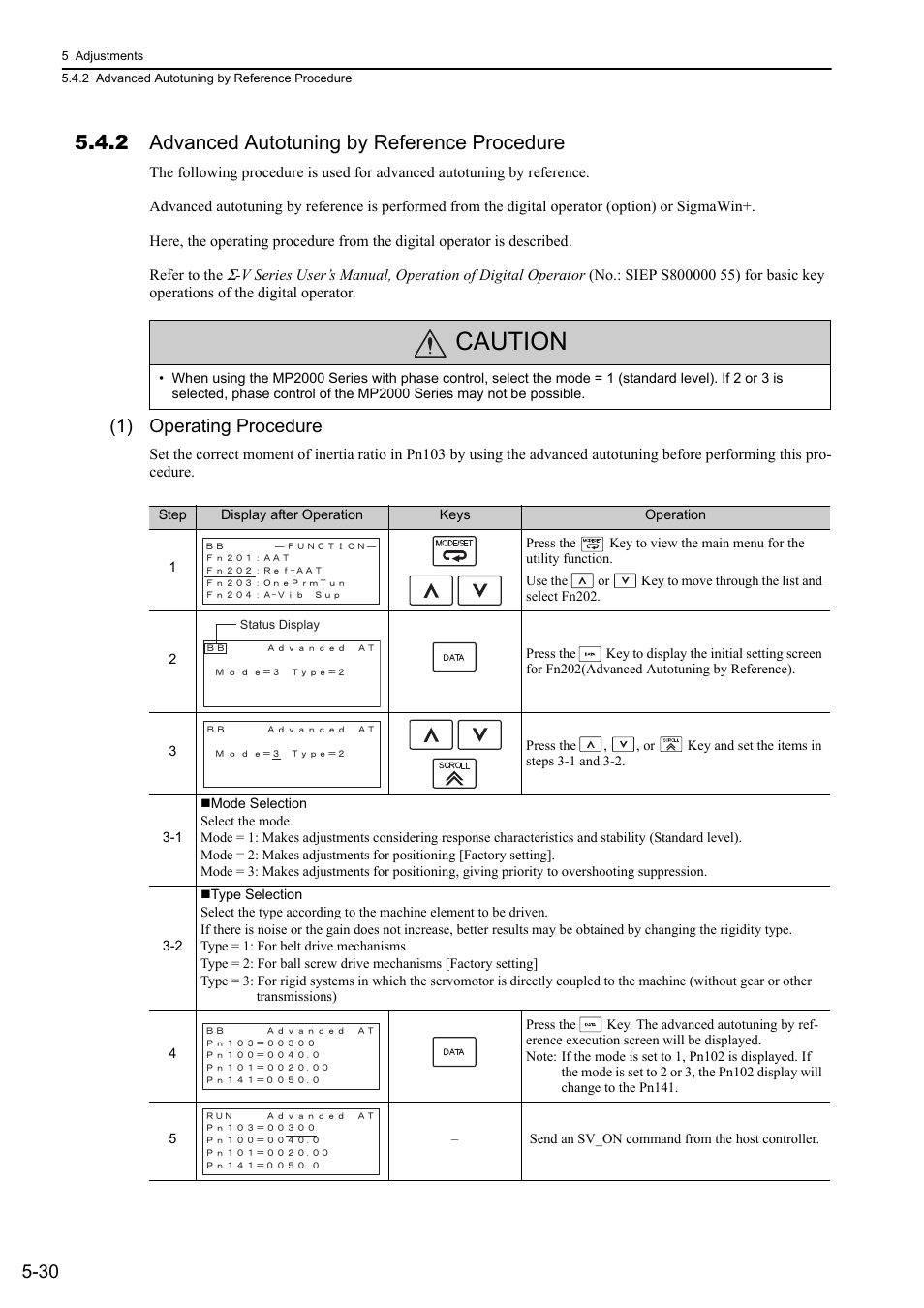 2 advanced autotuning by reference procedure, Caution, 1) operating procedure | Yaskawa Sigma-5 Large Capacity Users Manual: Design and Maintenance-Rotary Motors-Mechatrolink-III Communication Reference User Manual | Page 196 / 410