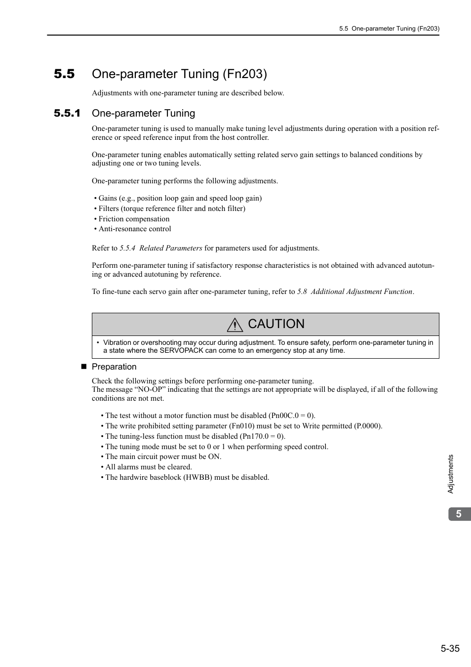 5 one-parameter tuning (fn203), 1 one-parameter tuning, Caution | Yaskawa Sigma-5 Large Capacity Users Manual: Design and Maintenance-Rotary Motors-Mechatrolink-III Communication Reference User Manual | Page 201 / 410