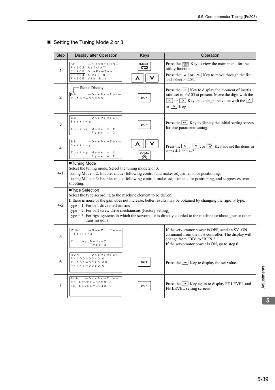 Setting the tuning mode 2 or 3 | Yaskawa Sigma-5 Large Capacity Users Manual: Design and Maintenance-Rotary Motors-Mechatrolink-III Communication Reference User Manual | Page 205 / 410