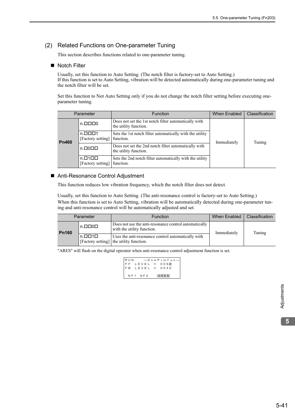 2) related functions on one-parameter tuning | Yaskawa Sigma-5 Large Capacity Users Manual: Design and Maintenance-Rotary Motors-Mechatrolink-III Communication Reference User Manual | Page 207 / 410