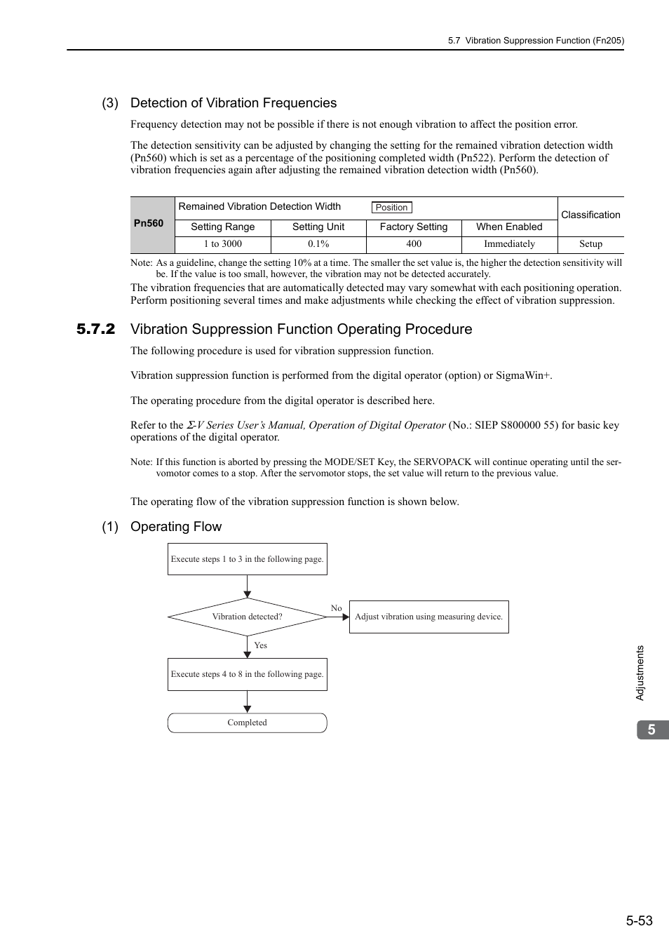 3) detection of vibration frequencies, 1) operating flow | Yaskawa Sigma-5 Large Capacity Users Manual: Design and Maintenance-Rotary Motors-Mechatrolink-III Communication Reference User Manual | Page 219 / 410