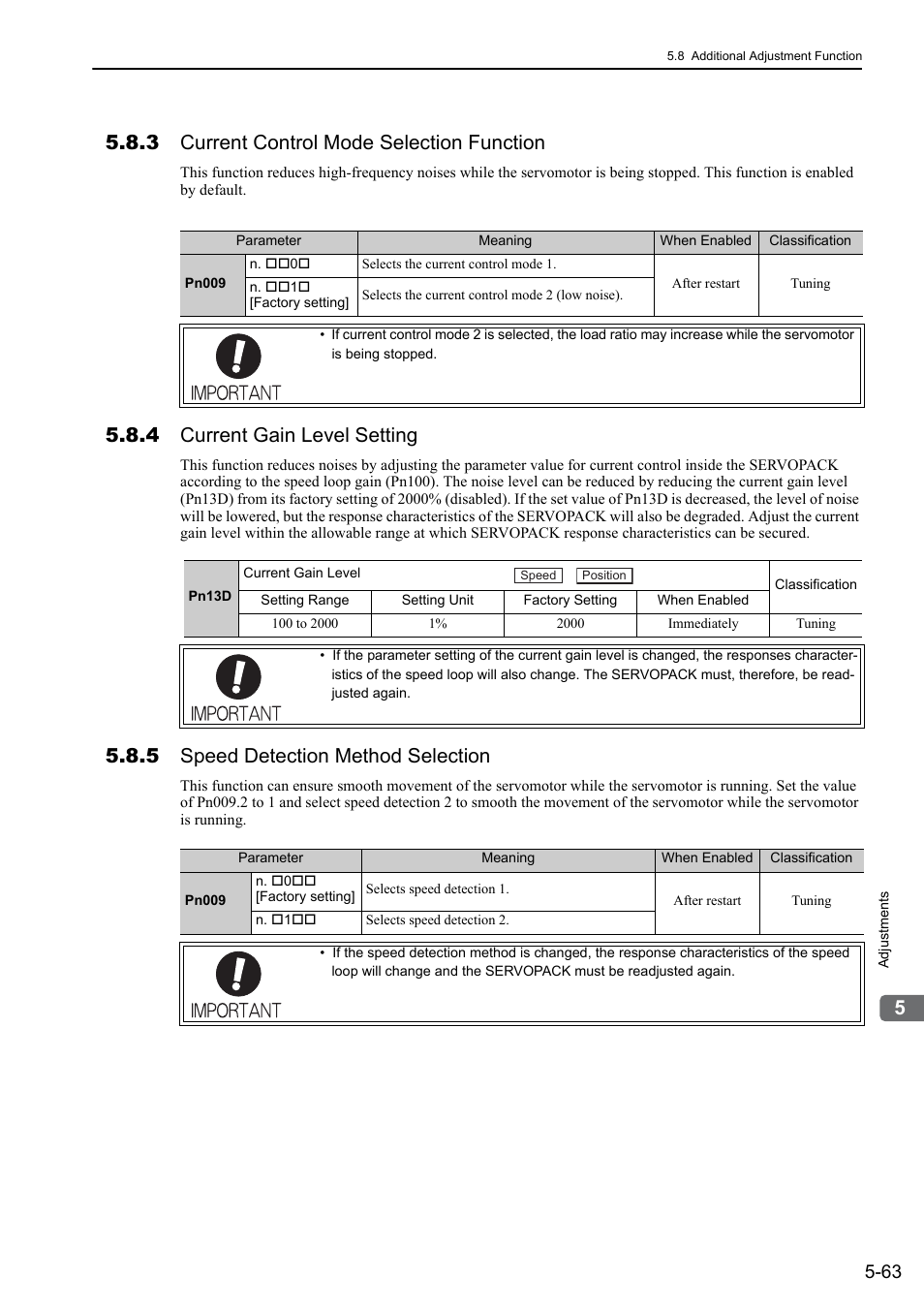 3 current control mode selection function, 4 current gain level setting, 5 speed detection method selection | Yaskawa Sigma-5 Large Capacity Users Manual: Design and Maintenance-Rotary Motors-Mechatrolink-III Communication Reference User Manual | Page 229 / 410
