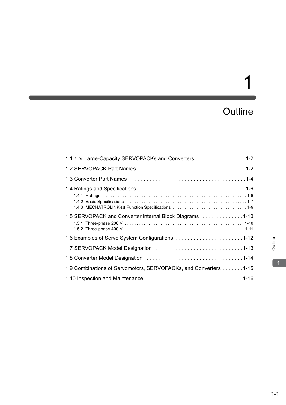 1 outline, Outline | Yaskawa Sigma-5 Large Capacity Users Manual: Design and Maintenance-Rotary Motors-Mechatrolink-III Communication Reference User Manual | Page 23 / 410