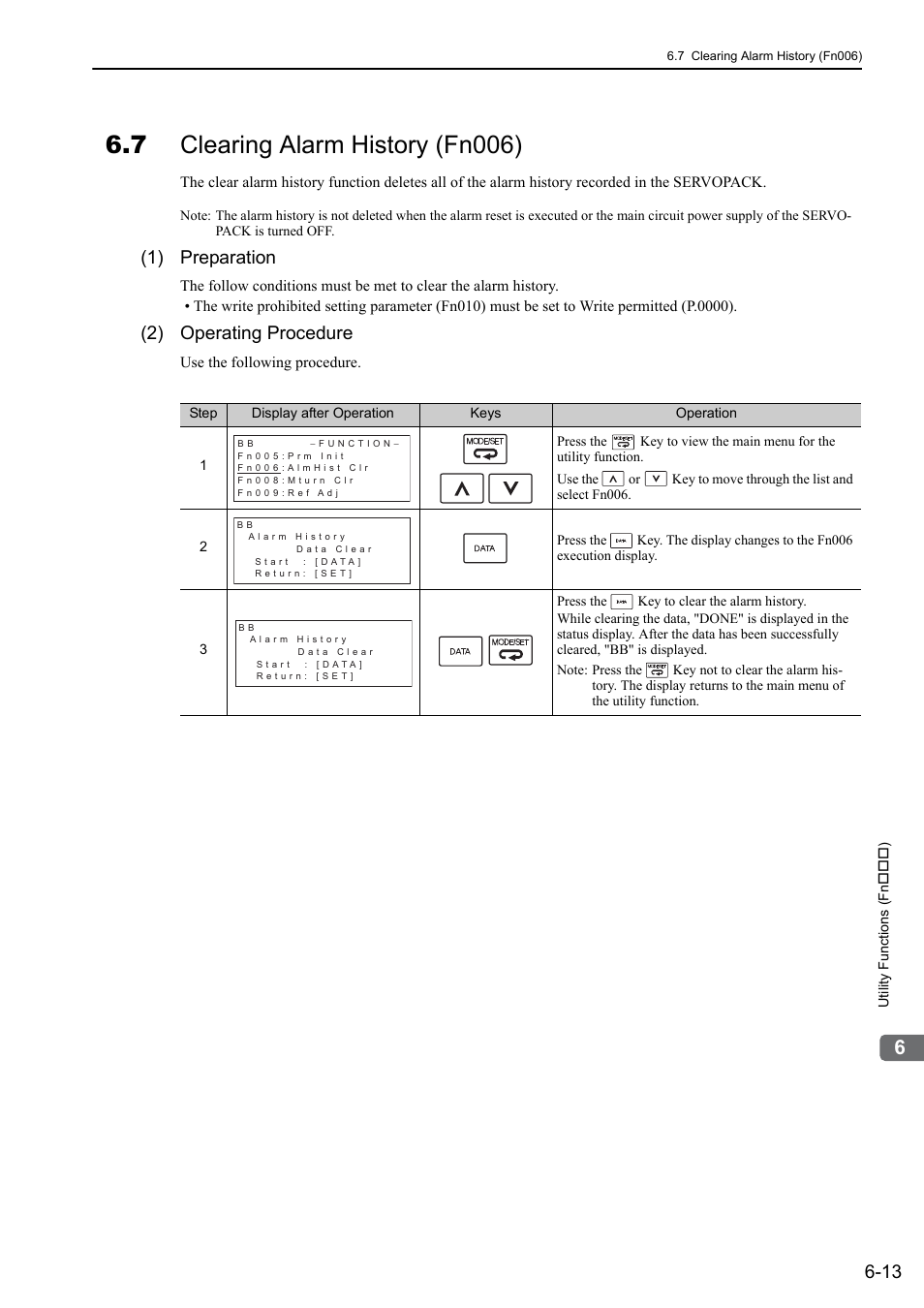 7 clearing alarm history (fn006), 1) preparation, 2) operating procedure | Yaskawa Sigma-5 Large Capacity Users Manual: Design and Maintenance-Rotary Motors-Mechatrolink-III Communication Reference User Manual | Page 255 / 410