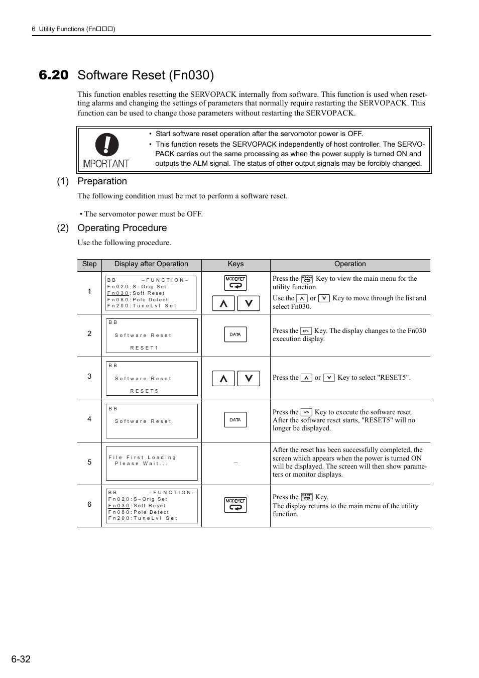 20 software reset (fn030), 1) preparation, 2) operating procedure | Yaskawa Sigma-5 Large Capacity Users Manual: Design and Maintenance-Rotary Motors-Mechatrolink-III Communication Reference User Manual | Page 274 / 410