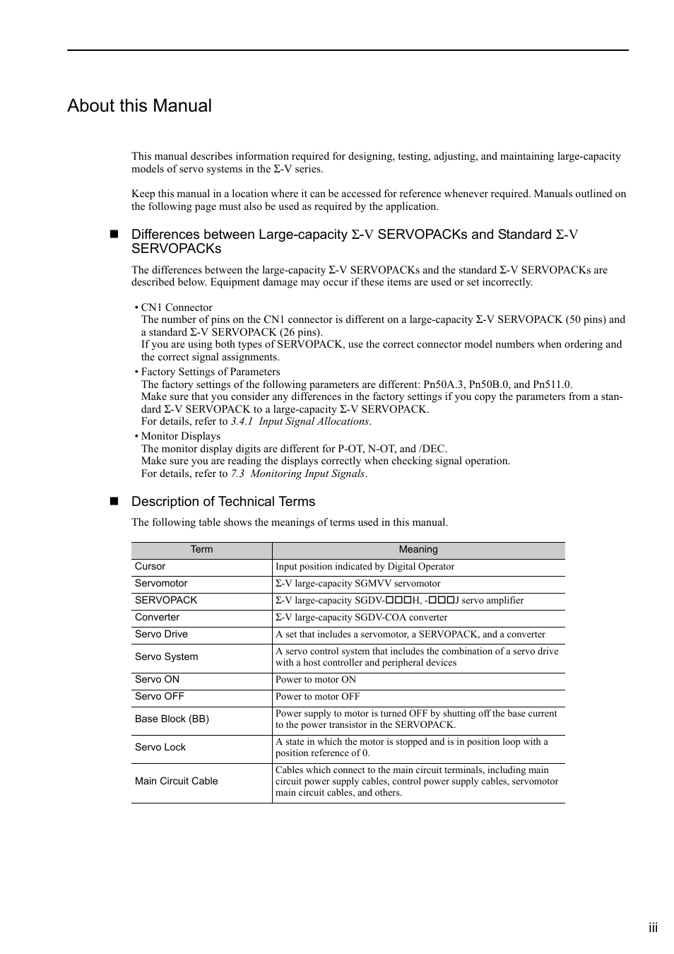 About this manual, Description of technical terms | Yaskawa Sigma-5 Large Capacity Users Manual: Design and Maintenance-Rotary Motors-Mechatrolink-III Communication Reference User Manual | Page 3 / 410