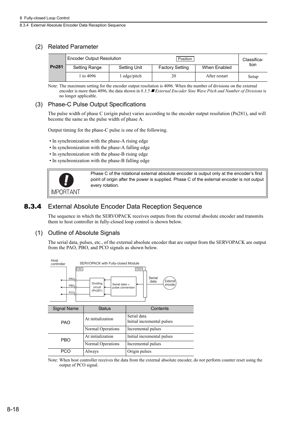 18 (2) related parameter, 3) phase-c pulse output specifications, 1) outline of absolute signals | Mecha | Yaskawa Sigma-5 Large Capacity Users Manual: Design and Maintenance-Rotary Motors-Mechatrolink-III Communication Reference User Manual | Page 306 / 410