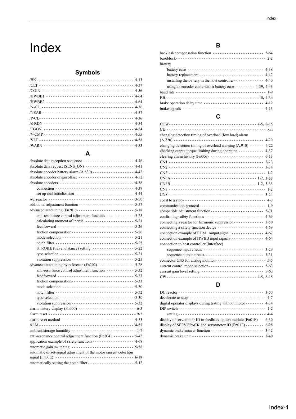 Index, Symbols, Index-1 | Yaskawa Sigma-5 Large Capacity Users Manual: Design and Maintenance-Rotary Motors-Mechatrolink-III Communication Reference User Manual | Page 406 / 410