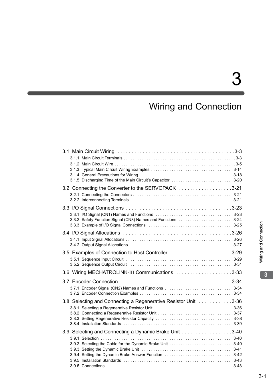 3 wiring and connection, Wiring and connection | Yaskawa Sigma-5 Large Capacity Users Manual: Design and Maintenance-Rotary Motors-Mechatrolink-III Communication Reference User Manual | Page 47 / 410