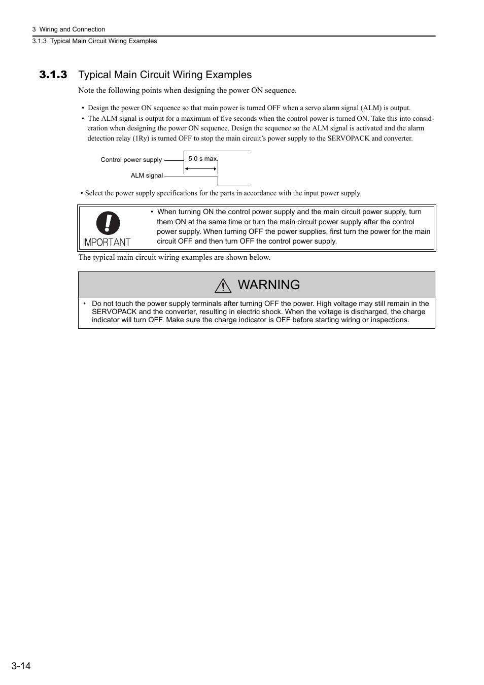 3 typical main circuit wiring examples, Warning | Yaskawa Sigma-5 Large Capacity Users Manual: Design and Maintenance-Rotary Motors-Mechatrolink-III Communication Reference User Manual | Page 60 / 410