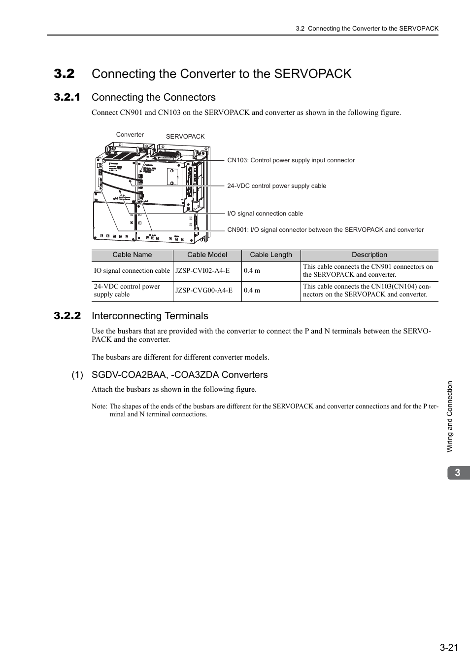 2 connecting the converter to the servopack, 1 connecting the connectors, 2 interconnecting terminals | 1) sgdv-coa2baa, -coa3zda converters, M-iii | Yaskawa Sigma-5 Large Capacity Users Manual: Design and Maintenance-Rotary Motors-Mechatrolink-III Communication Reference User Manual | Page 67 / 410