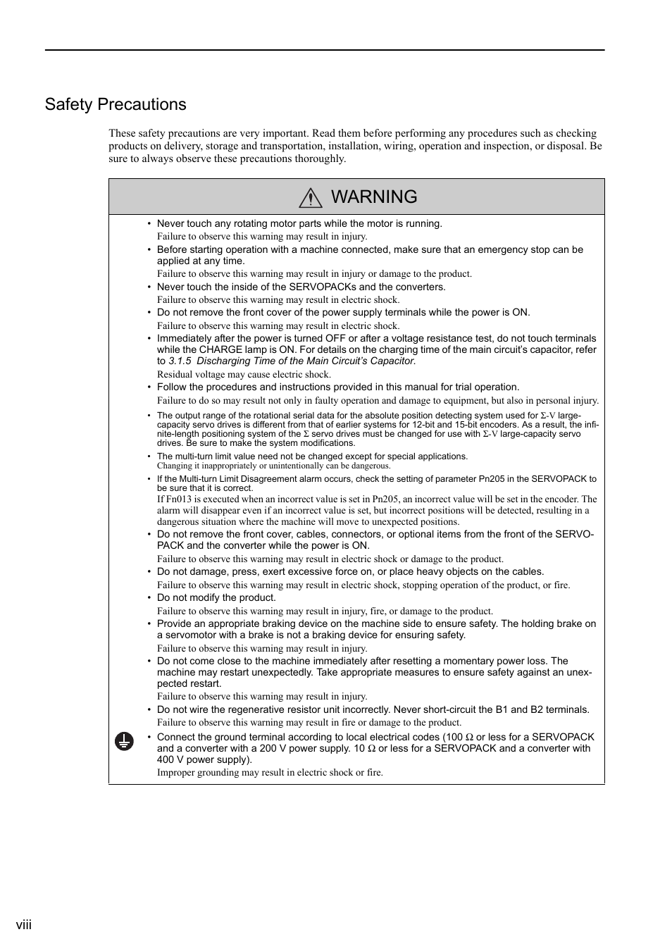 Safety precautions, Warning, Viii | Yaskawa Sigma-5 Large Capacity Users Manual: Design and Maintenance-Rotary Motors-Mechatrolink-III Communication Reference User Manual | Page 8 / 410