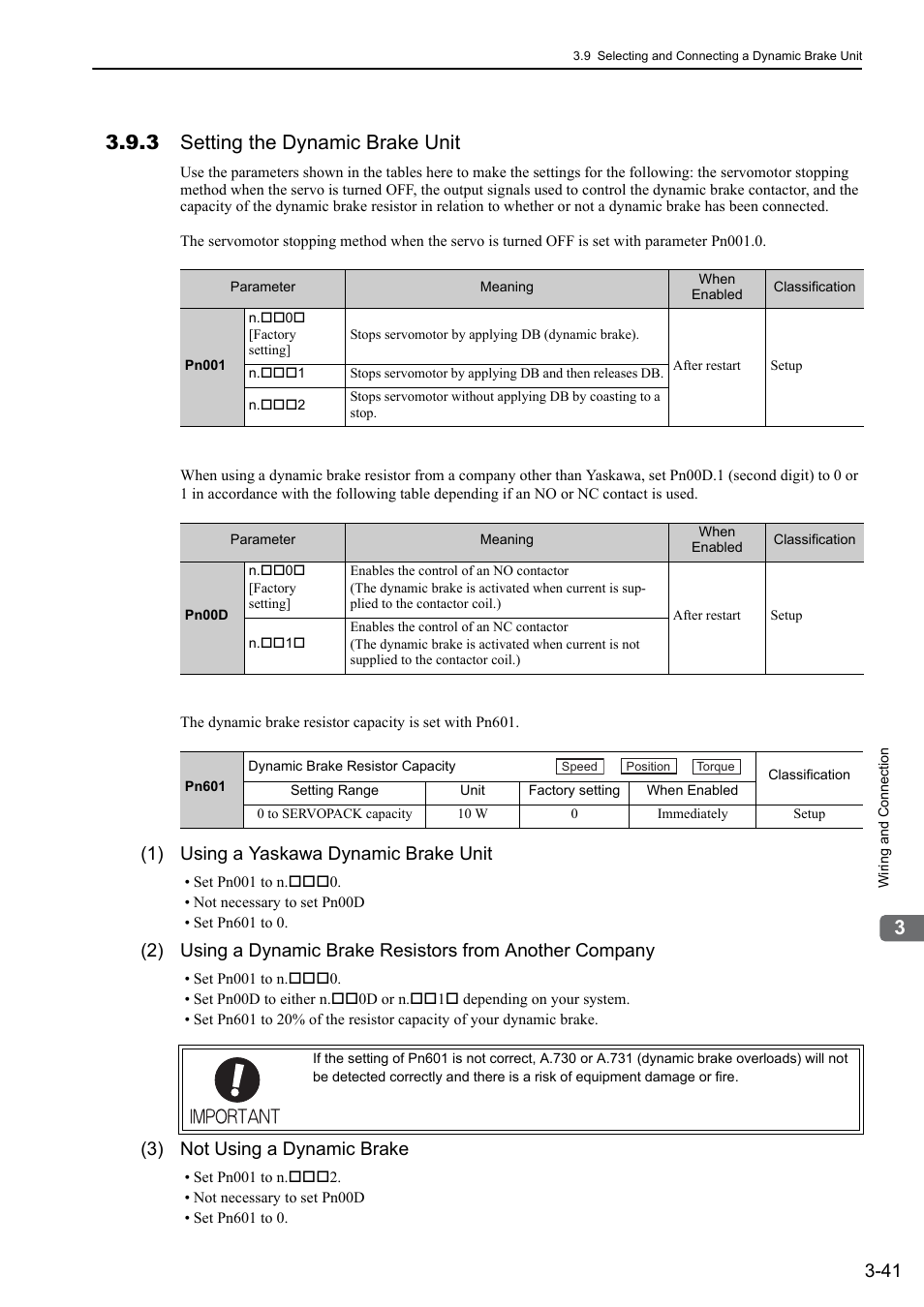 3 setting the dynamic brake unit, 1) using a yaskawa dynamic brake unit, 3) not using a dynamic brake | Yaskawa Sigma-5 Large Capacity Users Manual: Design and Maintenance-Rotary Motors-Mechatrolink-III Communication Reference User Manual | Page 87 / 410