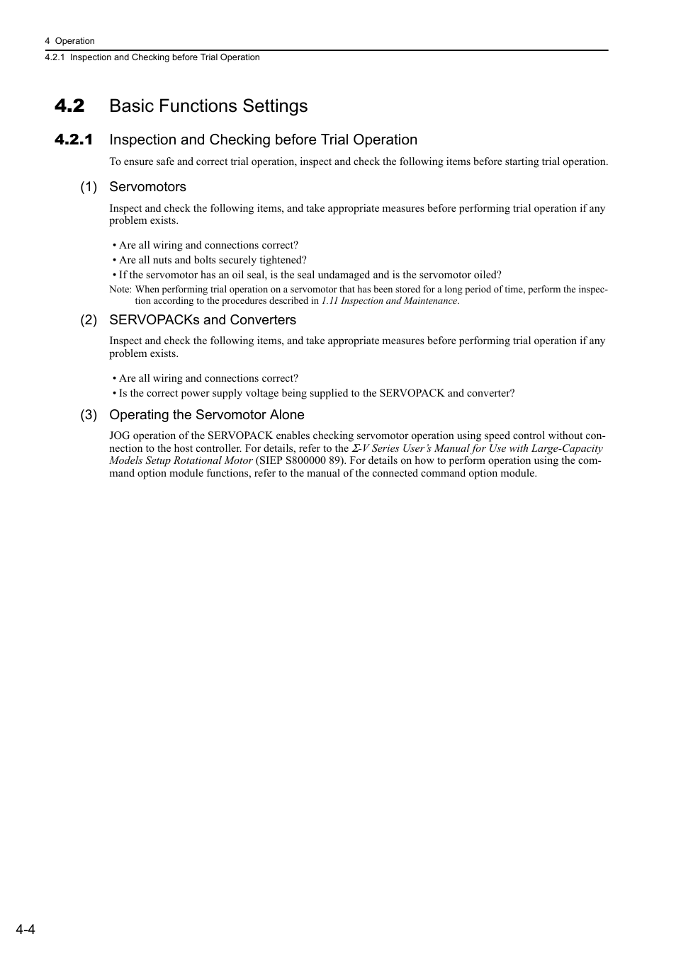 2 basic functions settings, 1 inspection and checking before trial operation | Yaskawa Sigma-5 Large Capacity Users Manual: Design and Maintenance-Command Option Interface User Manual | Page 100 / 363