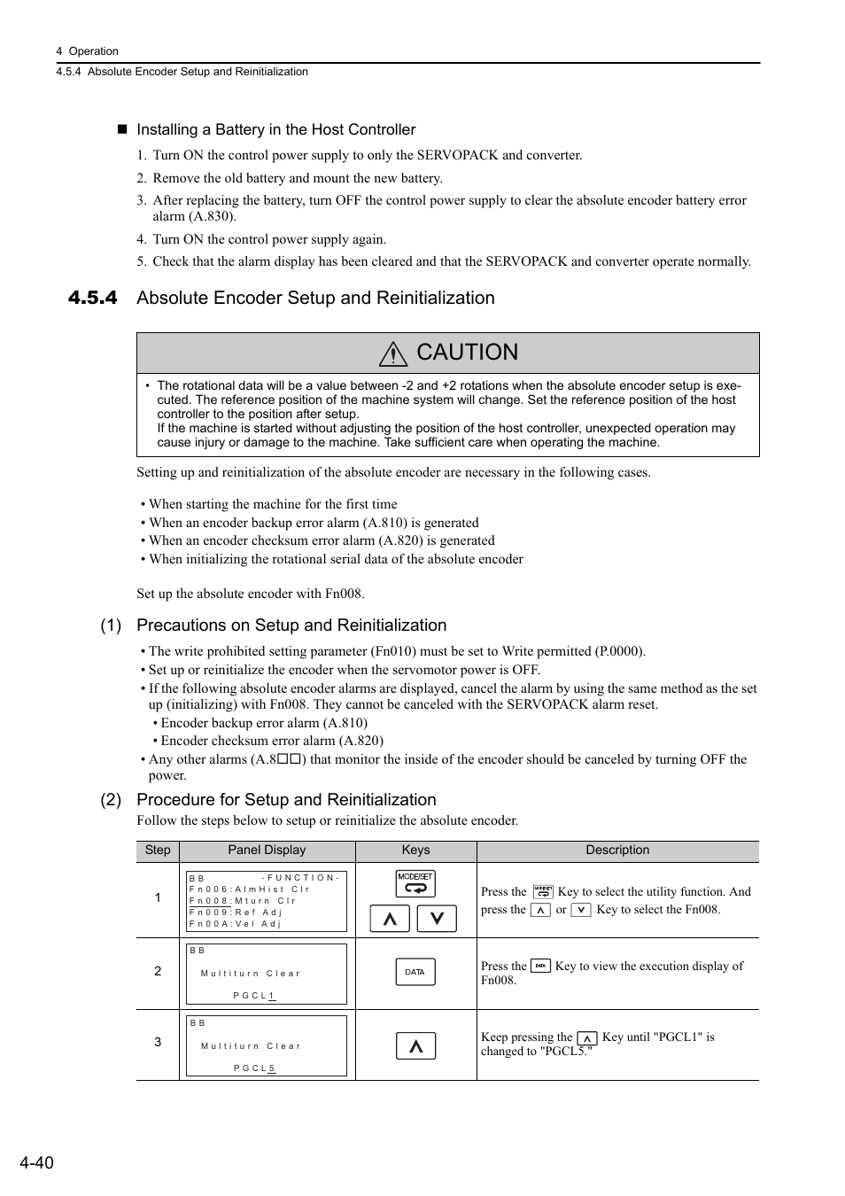 4 absolute encoder setup and reinitialization, Caution, 1) precautions on setup and reinitialization | 2) procedure for setup and reinitialization | Yaskawa Sigma-5 Large Capacity Users Manual: Design and Maintenance-Command Option Interface User Manual | Page 136 / 363