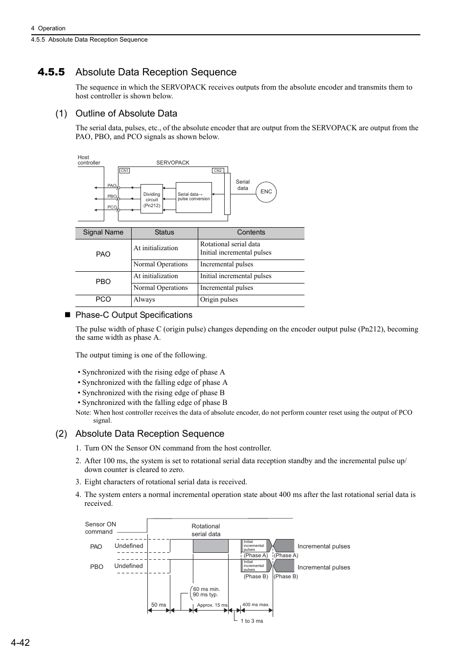 5 absolute data reception sequence, 1) outline of absolute data, 2) absolute data reception sequence | Mecha, M-ii, Phase-c output specifications | Yaskawa Sigma-5 Large Capacity Users Manual: Design and Maintenance-Command Option Interface User Manual | Page 138 / 363