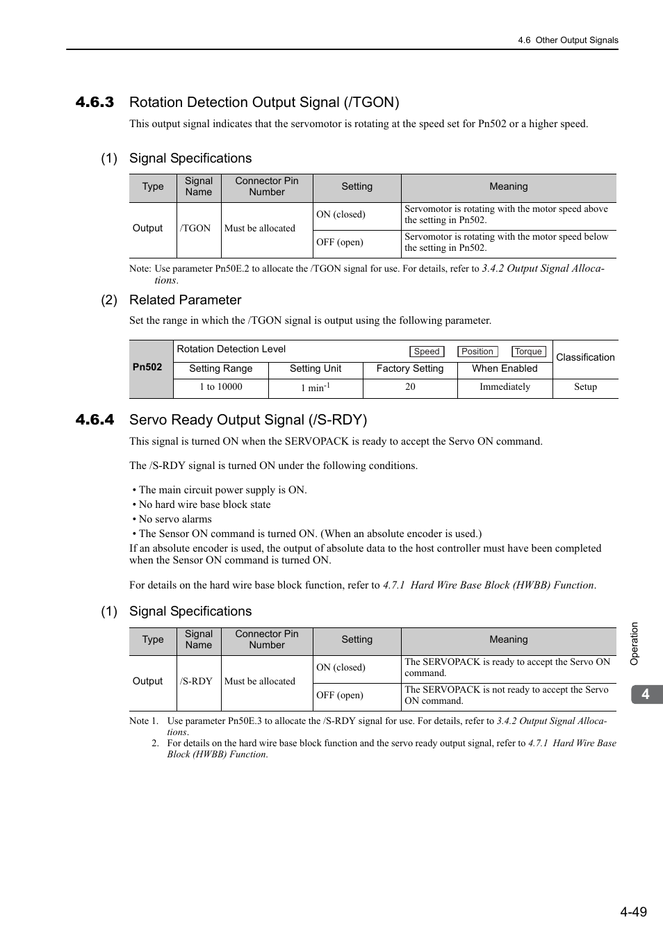 3 rotation detection output signal (/tgon), 4 servo ready output signal (/s-rdy), 1) signal specifications | 2) related parameter | Yaskawa Sigma-5 Large Capacity Users Manual: Design and Maintenance-Command Option Interface User Manual | Page 145 / 363