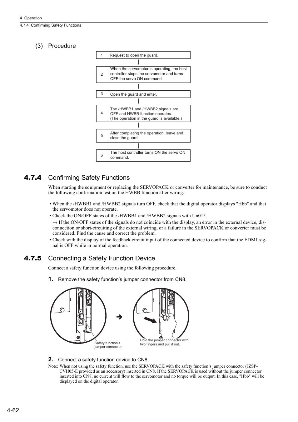 4 confirming safety functions, 5 connecting a safety function device, 62 (3) procedure | M-ii | Yaskawa Sigma-5 Large Capacity Users Manual: Design and Maintenance-Command Option Interface User Manual | Page 158 / 363