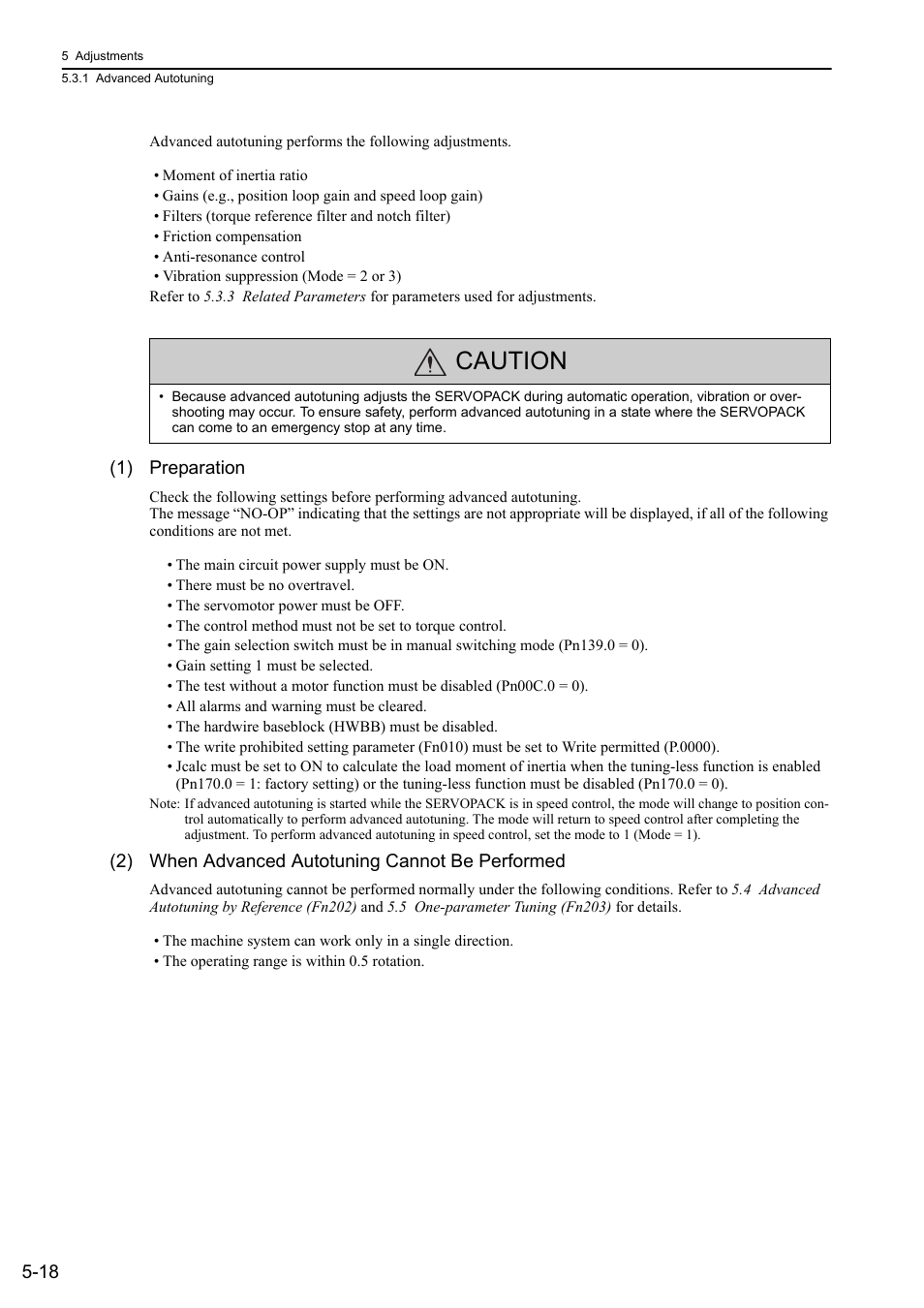 Caution, 1) preparation, 2) when advanced autotuning cannot be performed | Yaskawa Sigma-5 Large Capacity Users Manual: Design and Maintenance-Command Option Interface User Manual | Page 177 / 363