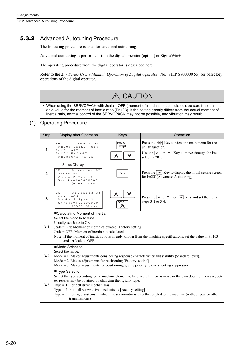 2 advanced autotuning procedure, Caution, 1) operating procedure | Yaskawa Sigma-5 Large Capacity Users Manual: Design and Maintenance-Command Option Interface User Manual | Page 179 / 363