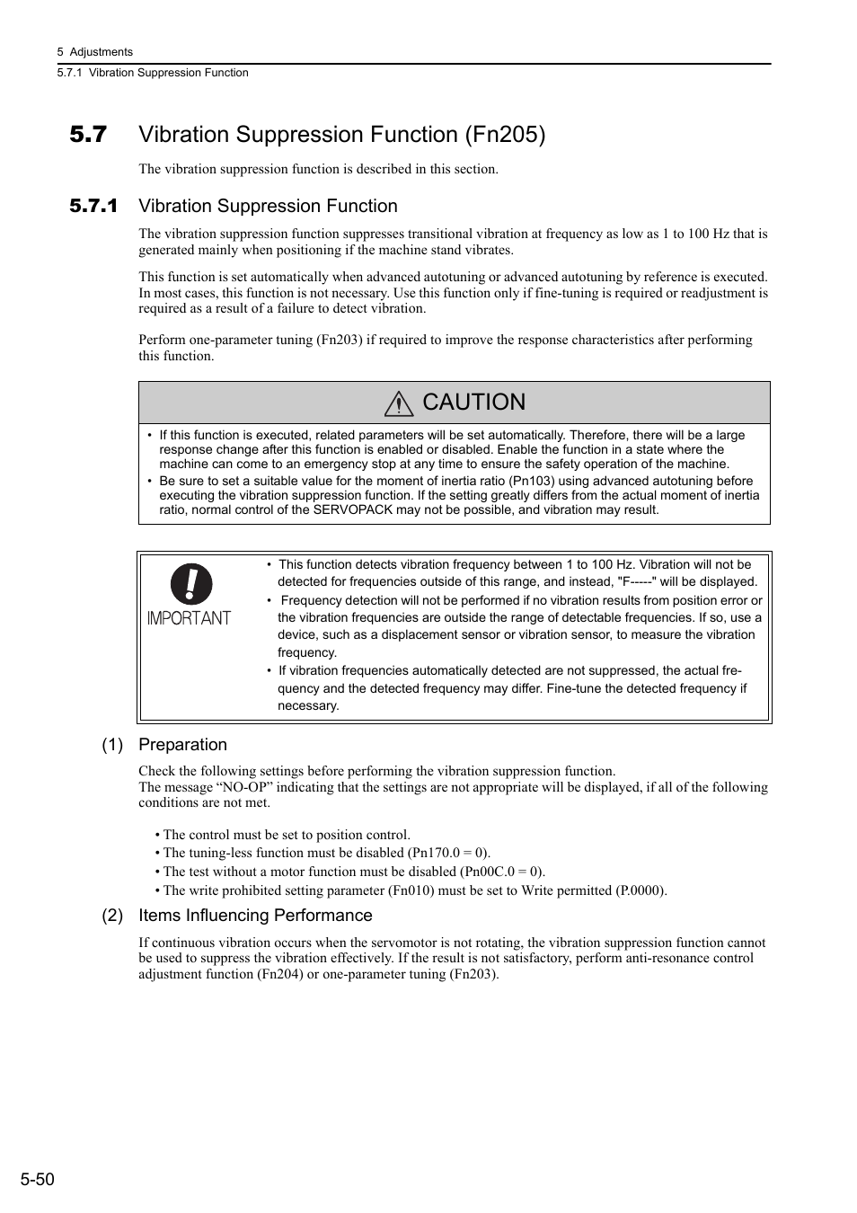 7 vibration suppression function (fn205), 1 vibration suppression function, Caution | Yaskawa Sigma-5 Large Capacity Users Manual: Design and Maintenance-Command Option Interface User Manual | Page 209 / 363
