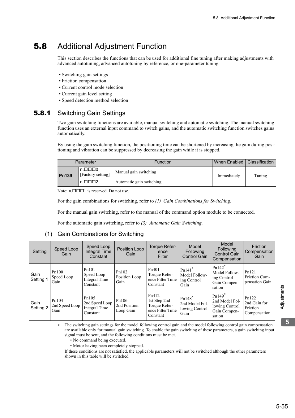 8 additional adjustment function, 1 switching gain settings, 1) gain combinations for switching | Yaskawa Sigma-5 Large Capacity Users Manual: Design and Maintenance-Command Option Interface User Manual | Page 214 / 363