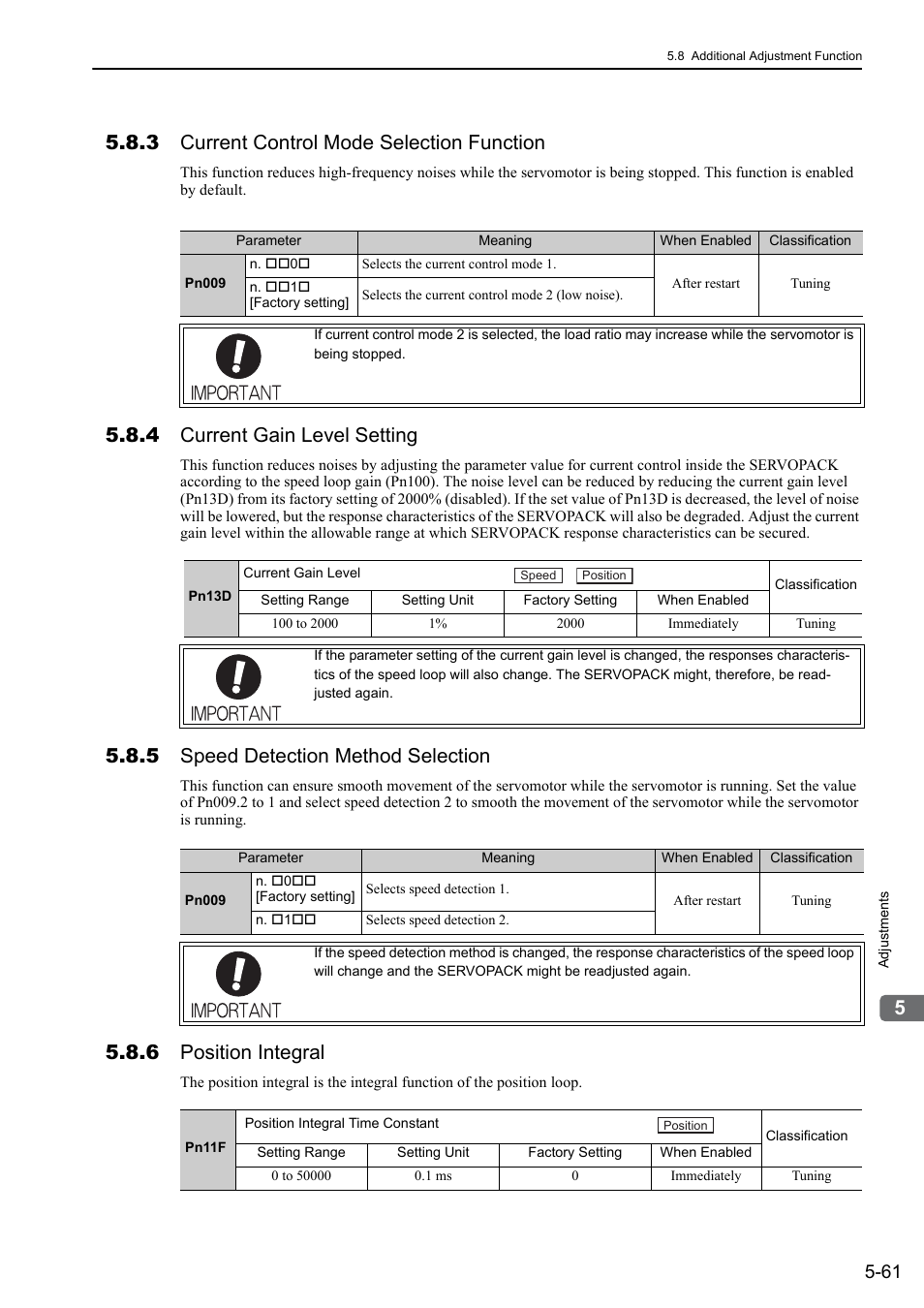 3 current control mode selection function, 4 current gain level setting, 5 speed detection method selection | 6 position integral | Yaskawa Sigma-5 Large Capacity Users Manual: Design and Maintenance-Command Option Interface User Manual | Page 220 / 363