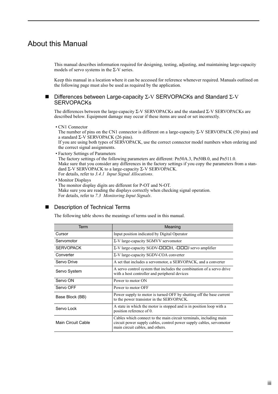 About this manual, Description of technical terms | Yaskawa Sigma-5 Large Capacity Users Manual: Design and Maintenance-Command Option Interface User Manual | Page 3 / 363