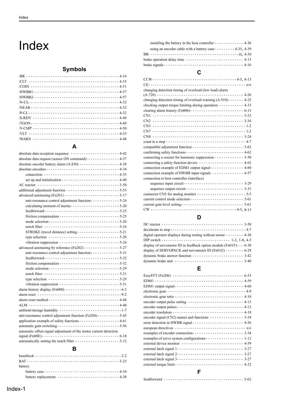 Index, Symbols, Index-1 | Yaskawa Sigma-5 Large Capacity Users Manual: Design and Maintenance-Command Option Interface User Manual | Page 359 / 363