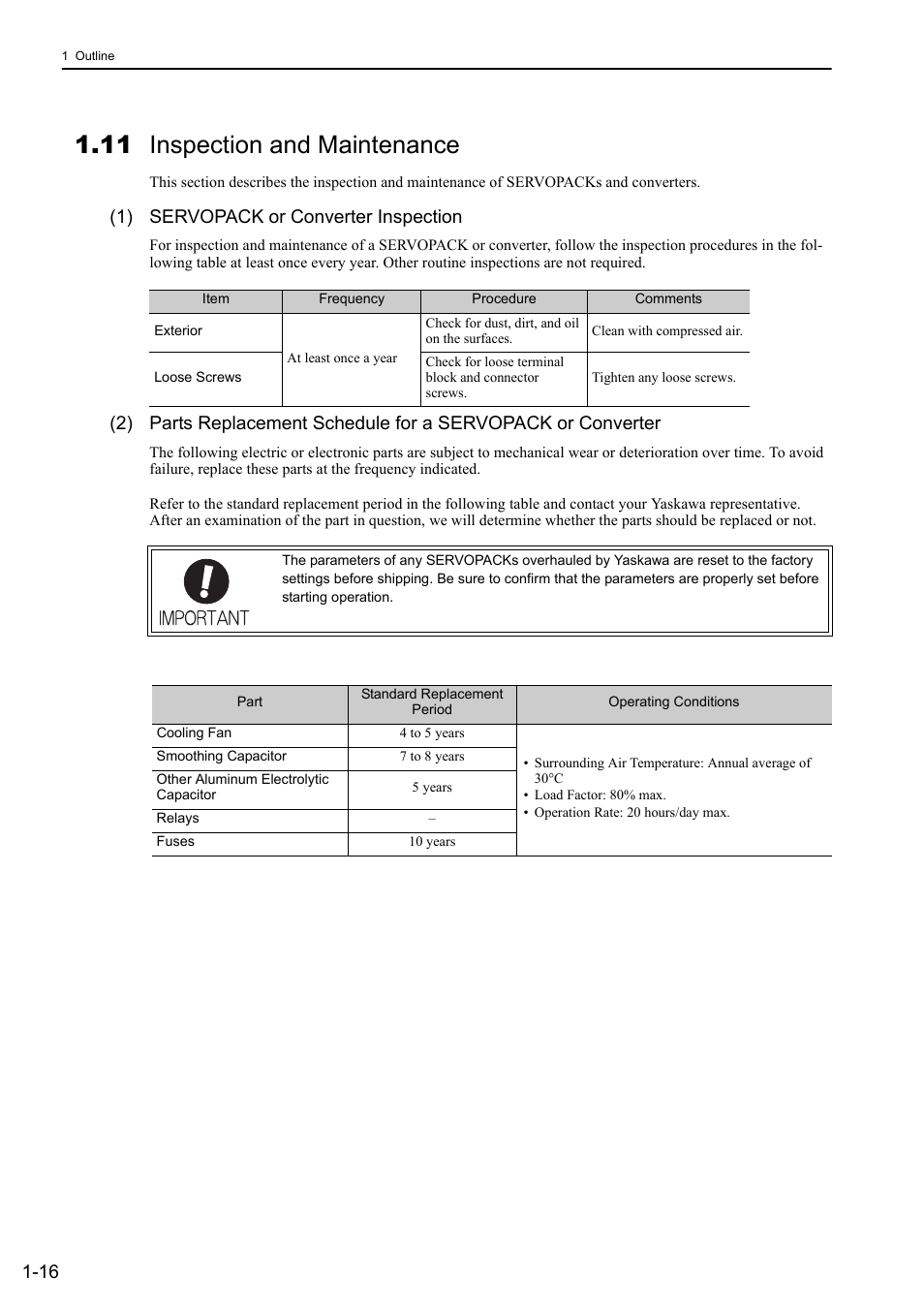 11 inspection and maintenance, 1) servopack or converter inspection | Yaskawa Sigma-5 Large Capacity Users Manual: Design and Maintenance-Command Option Interface User Manual | Page 38 / 363