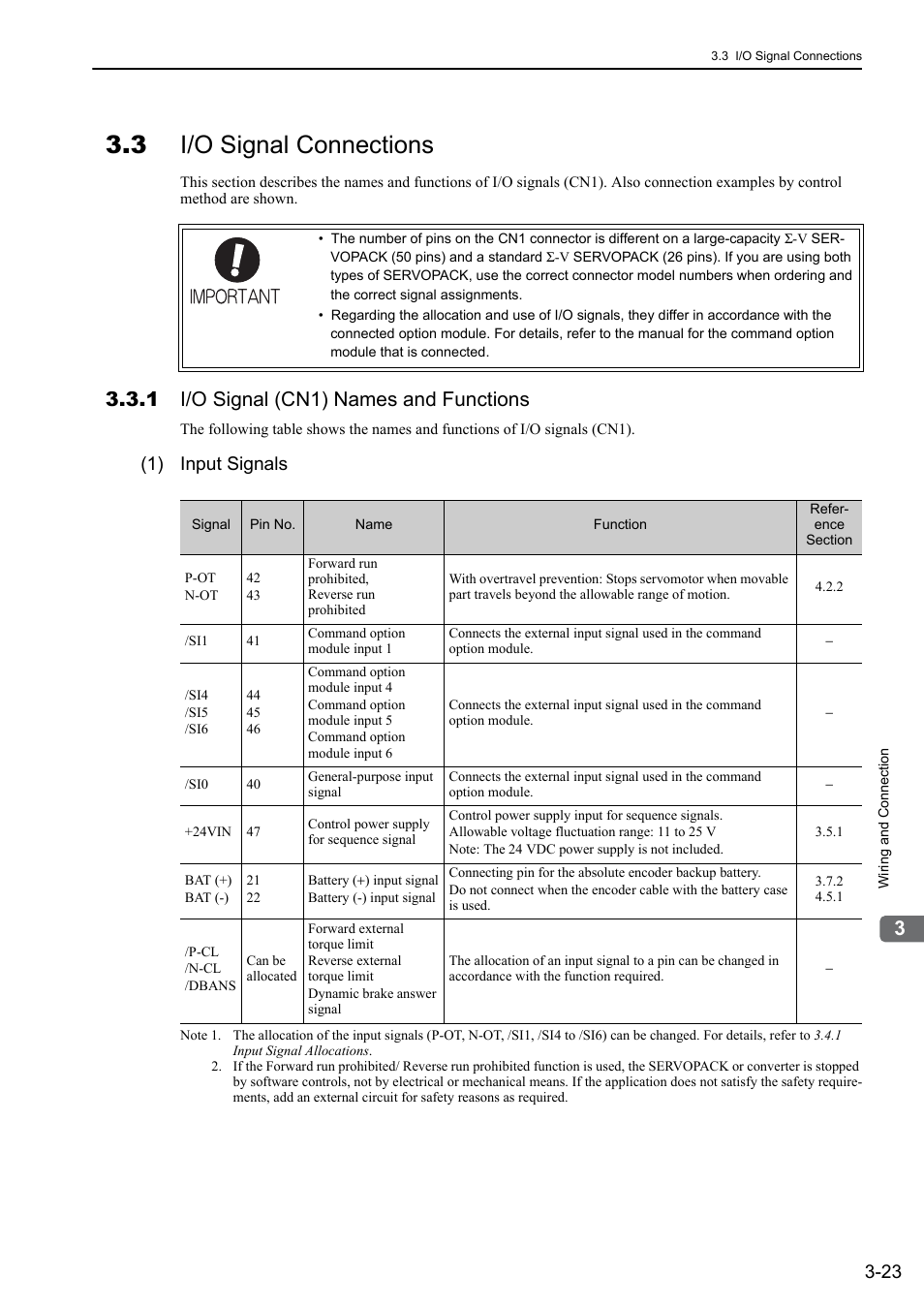 3 i/o signal connections, 1 i/o signal (cn1) names and functions, 1) input signals | Yaskawa Sigma-5 Large Capacity Users Manual: Design and Maintenance-Command Option Interface User Manual | Page 69 / 363