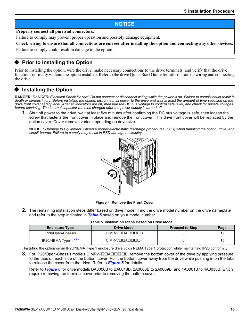 Prior to installing the option, Installing the option, Notice | Yaskawa V1000 Option Dual Port EtherNet/IP SI-EN3D/V Technical Manual User Manual | Page 13 / 68