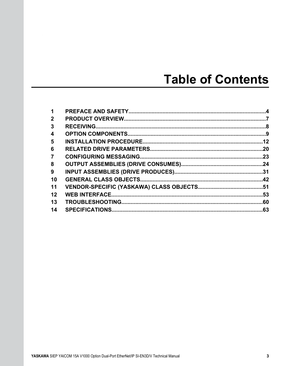 Yaskawa V1000 Option Dual Port EtherNet/IP SI-EN3D/V Technical Manual User Manual | Page 3 / 68