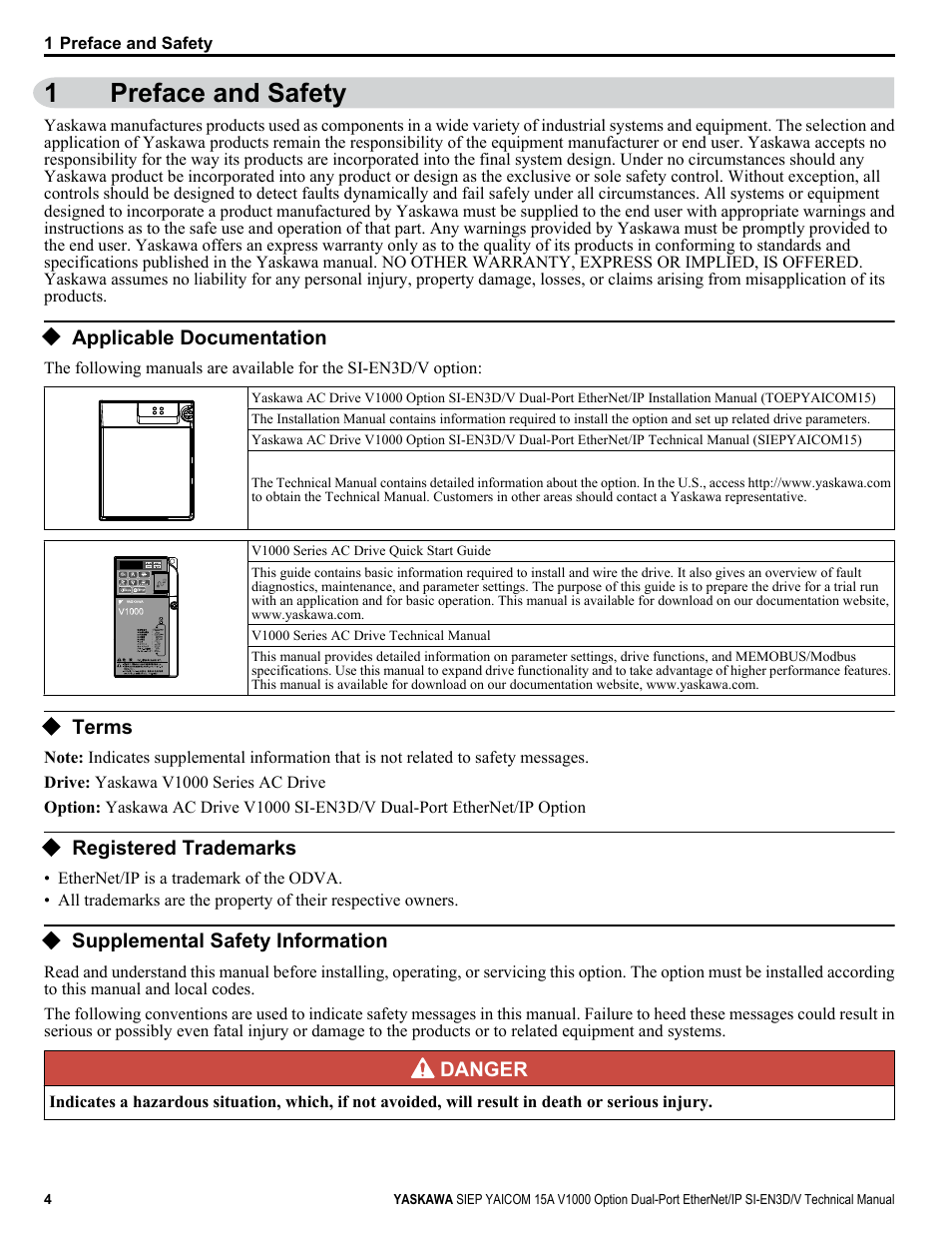 Preface and safety, Applicable documentation, Terms | Registered trademarks, Supplemental safety information, 1preface and safety | Yaskawa V1000 Option Dual Port EtherNet/IP SI-EN3D/V Technical Manual User Manual | Page 4 / 68
