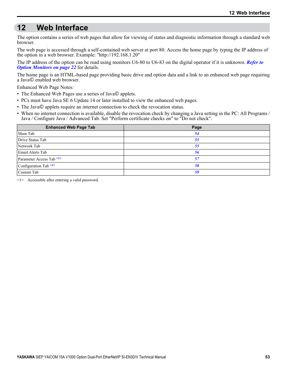 Web interface, 12 web interface | Yaskawa V1000 Option Dual Port EtherNet/IP SI-EN3D/V Technical Manual User Manual | Page 53 / 68