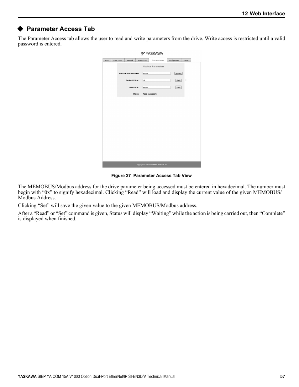 Parameter access tab | Yaskawa V1000 Option Dual Port EtherNet/IP SI-EN3D/V Technical Manual User Manual | Page 57 / 68