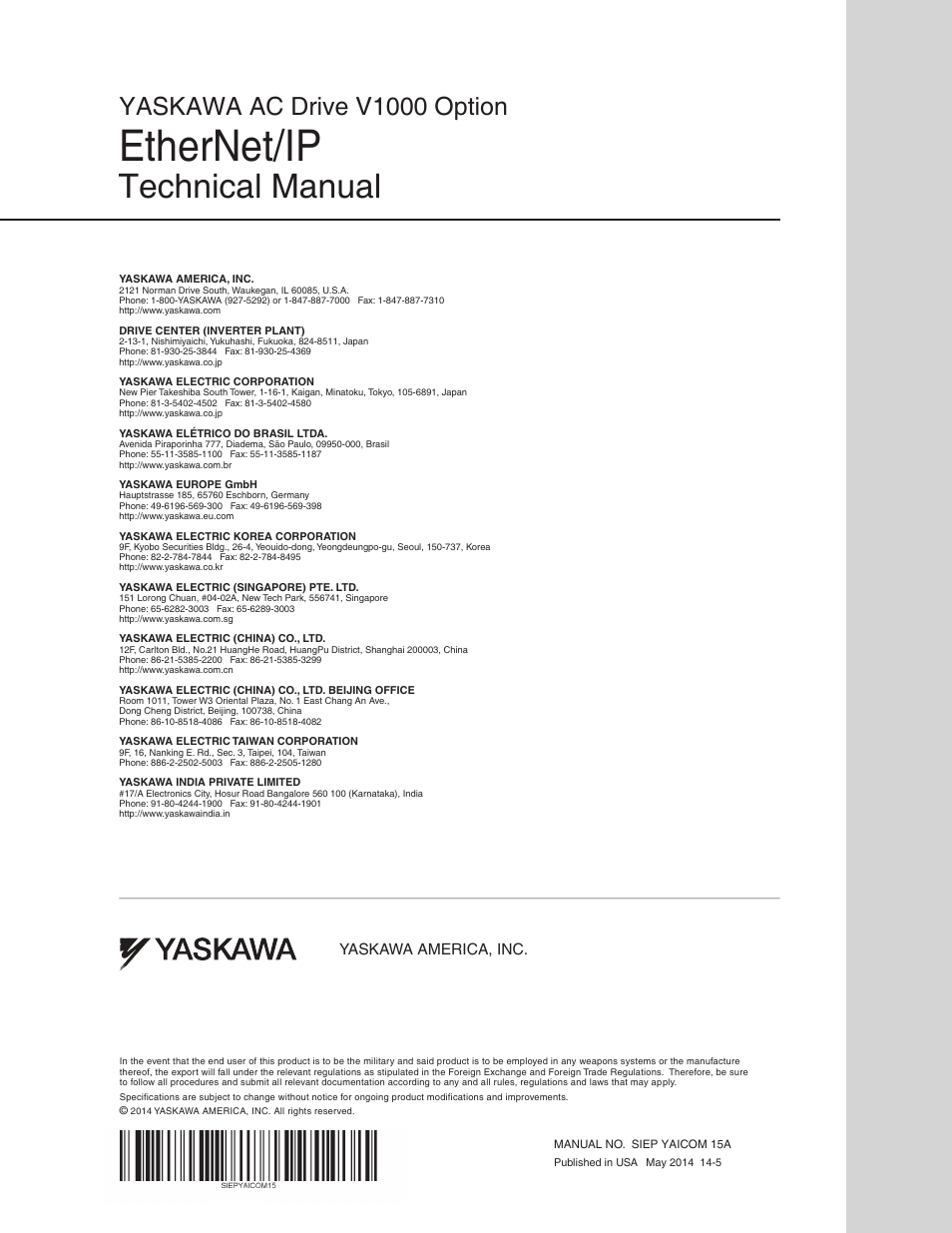 Ethernet/ip, Technical manual, Yaskawa ac drive v1000 option | Yaskawa america, inc | Yaskawa V1000 Option Dual Port EtherNet/IP SI-EN3D/V Technical Manual User Manual | Page 68 / 68