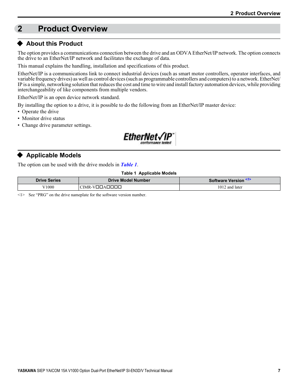 Product overview, About this product, Applicable models | 2product overview | Yaskawa V1000 Option Dual Port EtherNet/IP SI-EN3D/V Technical Manual User Manual | Page 7 / 68