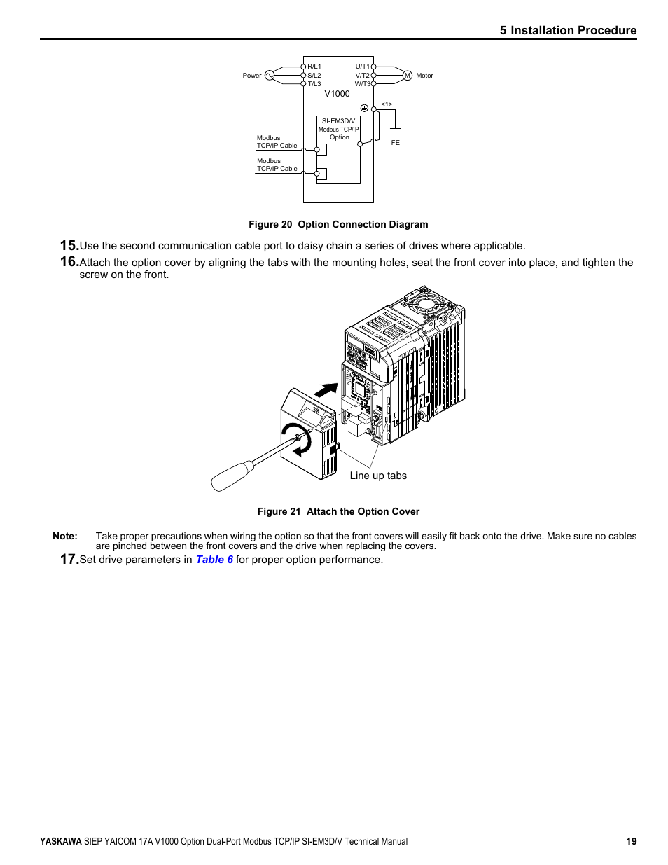 5 installation procedure | Yaskawa V1000-Series Option SI-EM3D/V Dual Port EtherNet Modbus TCP/IP Technical Manual User Manual | Page 19 / 52