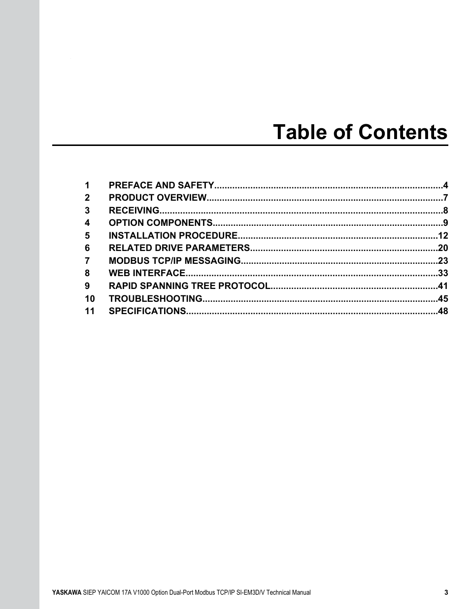Yaskawa V1000-Series Option SI-EM3D/V Dual Port EtherNet Modbus TCP/IP Technical Manual User Manual | Page 3 / 52