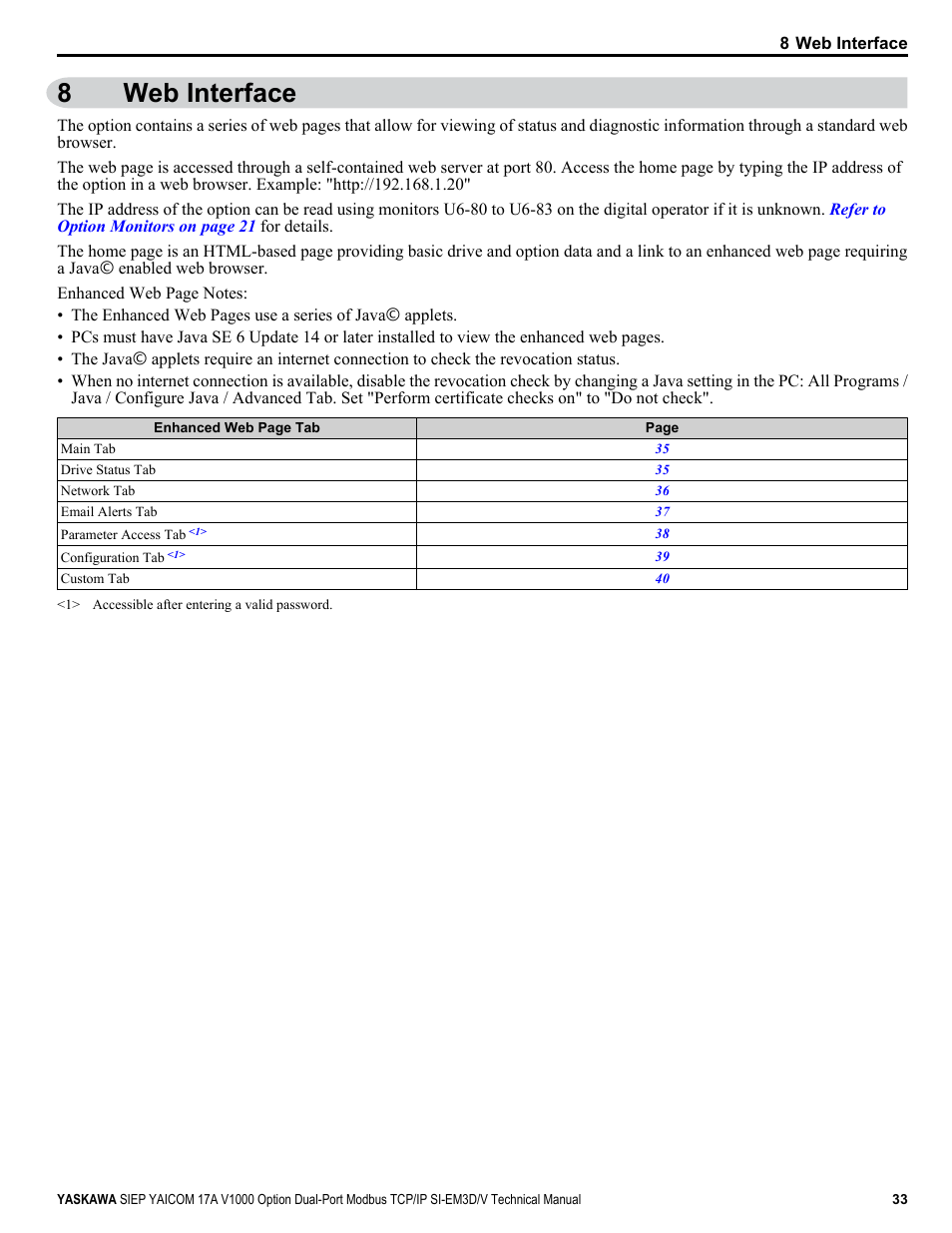 Web interface, 8web interface | Yaskawa V1000-Series Option SI-EM3D/V Dual Port EtherNet Modbus TCP/IP Technical Manual User Manual | Page 33 / 52