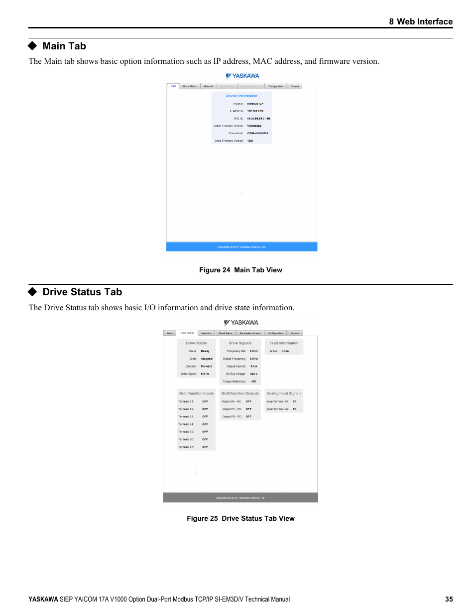 Main tab, Drive status tab | Yaskawa V1000-Series Option SI-EM3D/V Dual Port EtherNet Modbus TCP/IP Technical Manual User Manual | Page 35 / 52