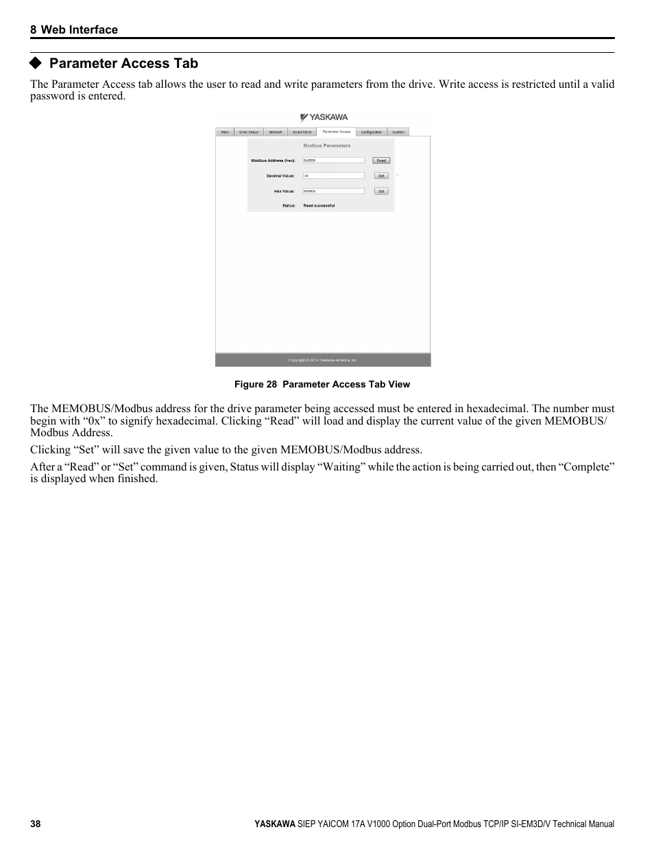 Parameter access tab | Yaskawa V1000-Series Option SI-EM3D/V Dual Port EtherNet Modbus TCP/IP Technical Manual User Manual | Page 38 / 52